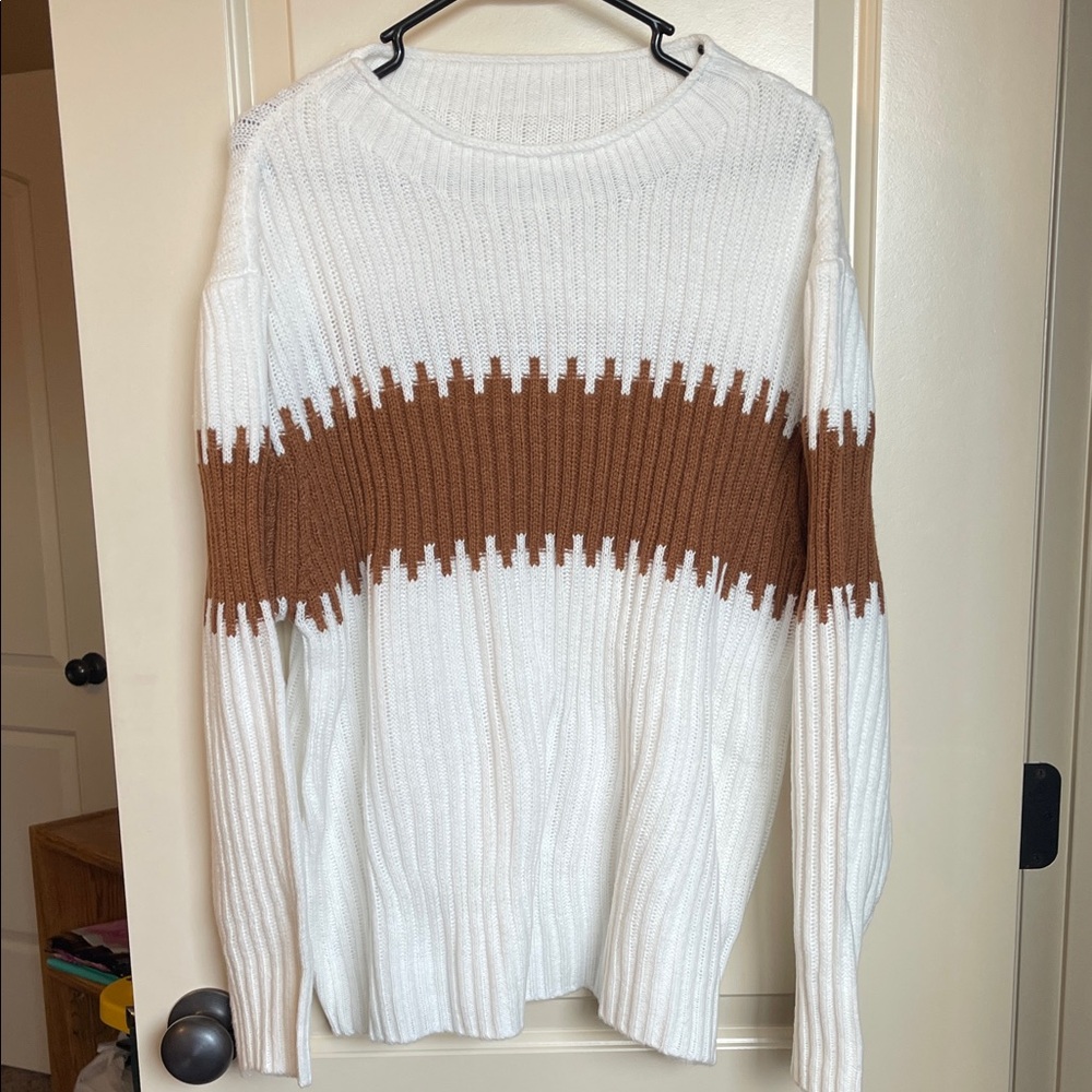 SHEIN White and Brown Cowl Neck Sweater